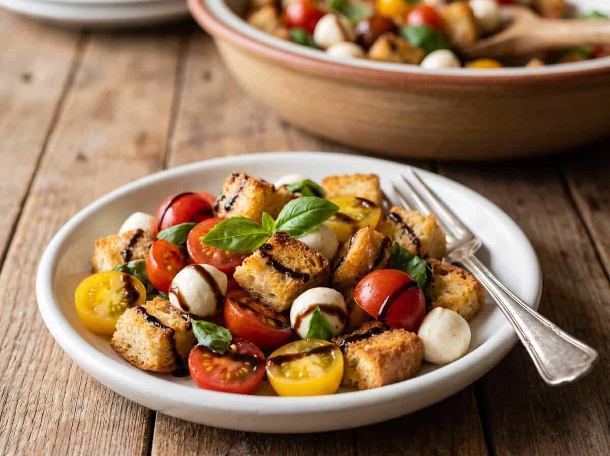 A single serving of caprese Panzanella bread salad on a white plate with a fork.