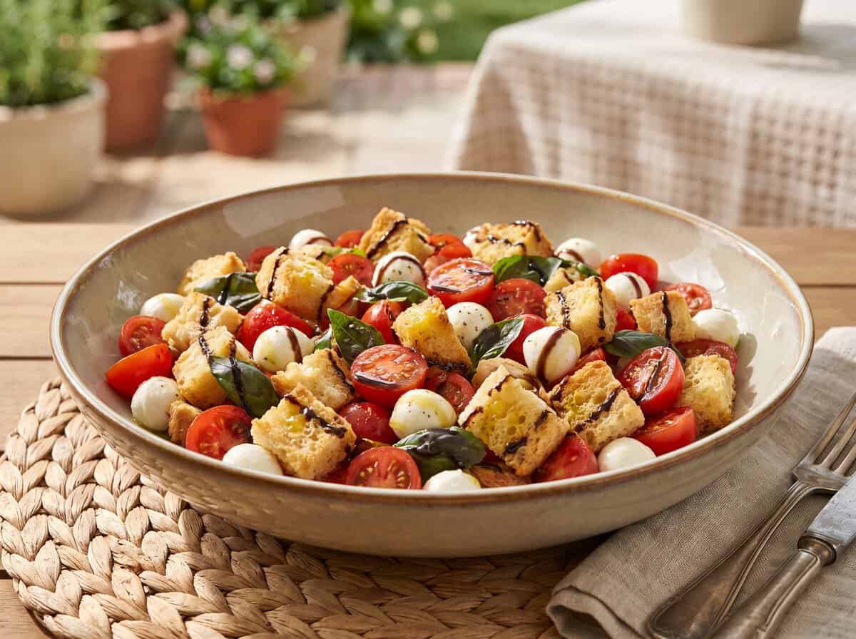 A serving bowl of caprese Panzanella with tomatoes, mozzarella, basil, and golden croutons.
