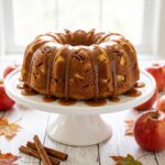 A Caramel Apple Cake on a cake stand with caramel sauce dripping down the sides.