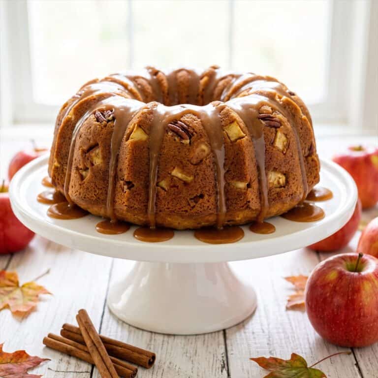 A Caramel Apple Cake on a cake stand with caramel sauce dripping down the sides.
