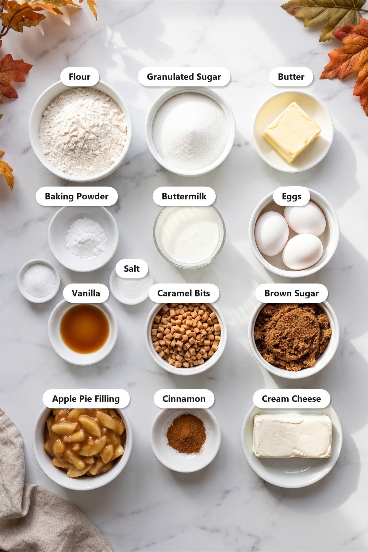 Labeled ingredients needed to make a Caramel Apple Cake.