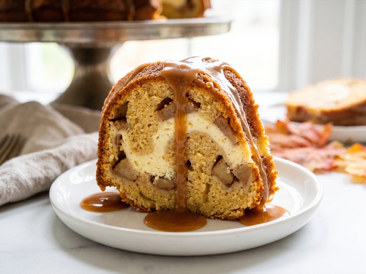 A slice of Caramel Apple Cake showing the cheesecake swirl and apple filling with caramel sauce.