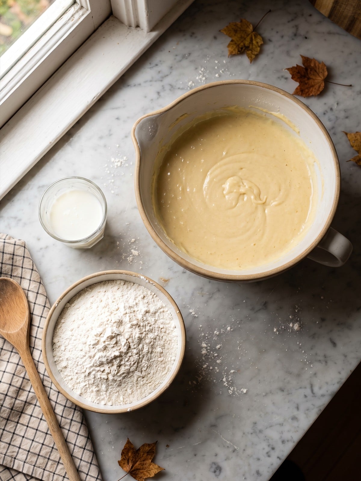 Butter cake batter for Caramel Apple Cake mixed in a bowl.