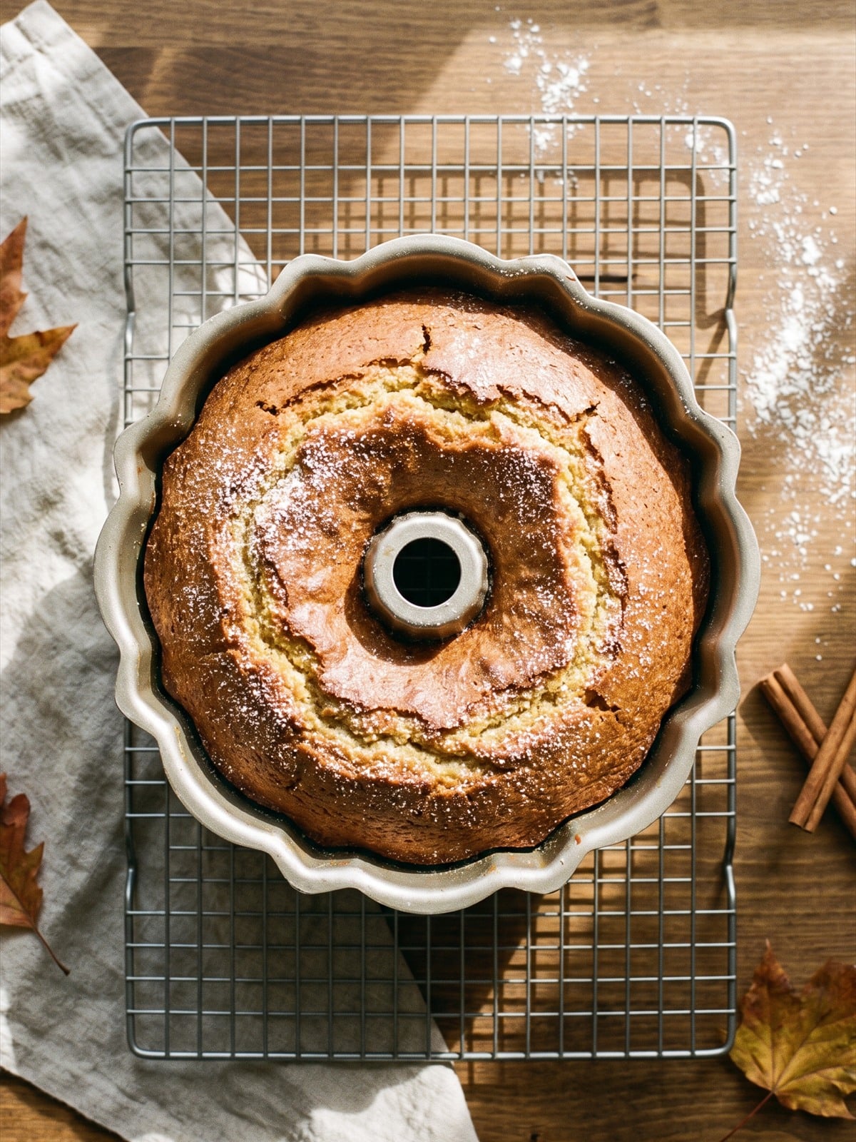 A baked Caramel Apple Cake cooling in the bundt pan.