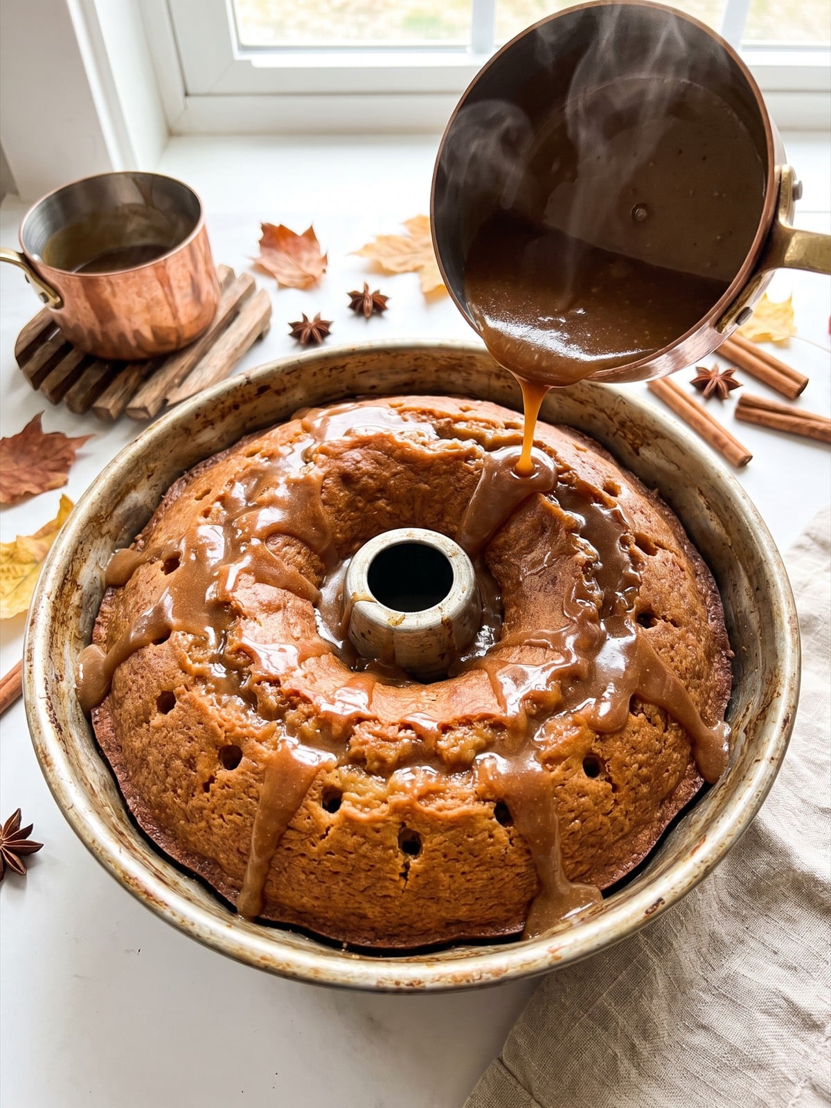 Cinnamon caramel sauce poured over the poked Caramel Apple Cake.