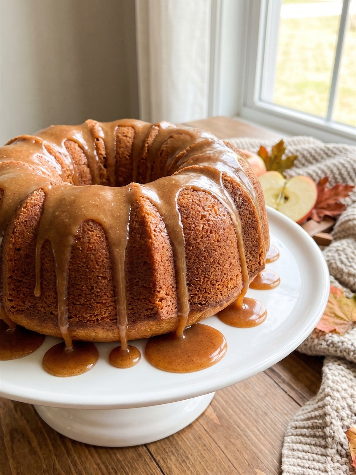 A finished Caramel Apple Cake with caramel sauce dripping down the sides.