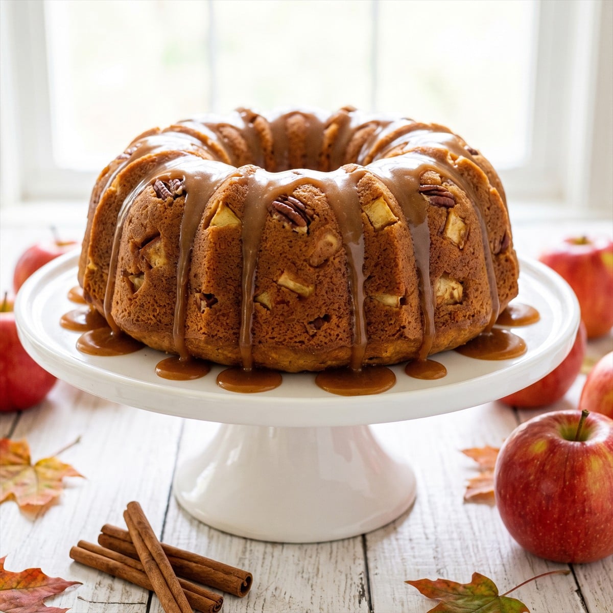 A Caramel Apple Cake on a cake stand with caramel sauce dripping down the sides.