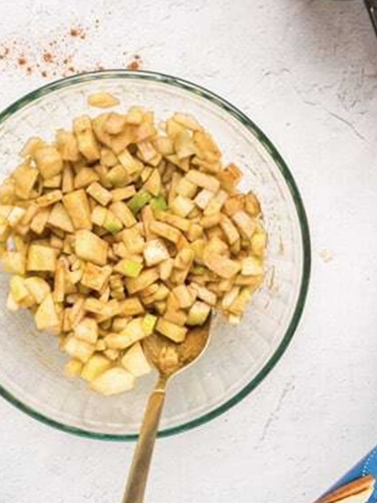Diced apples mixed with caramel sauce, brown sugar, and cinnamon for the donut hole filling.