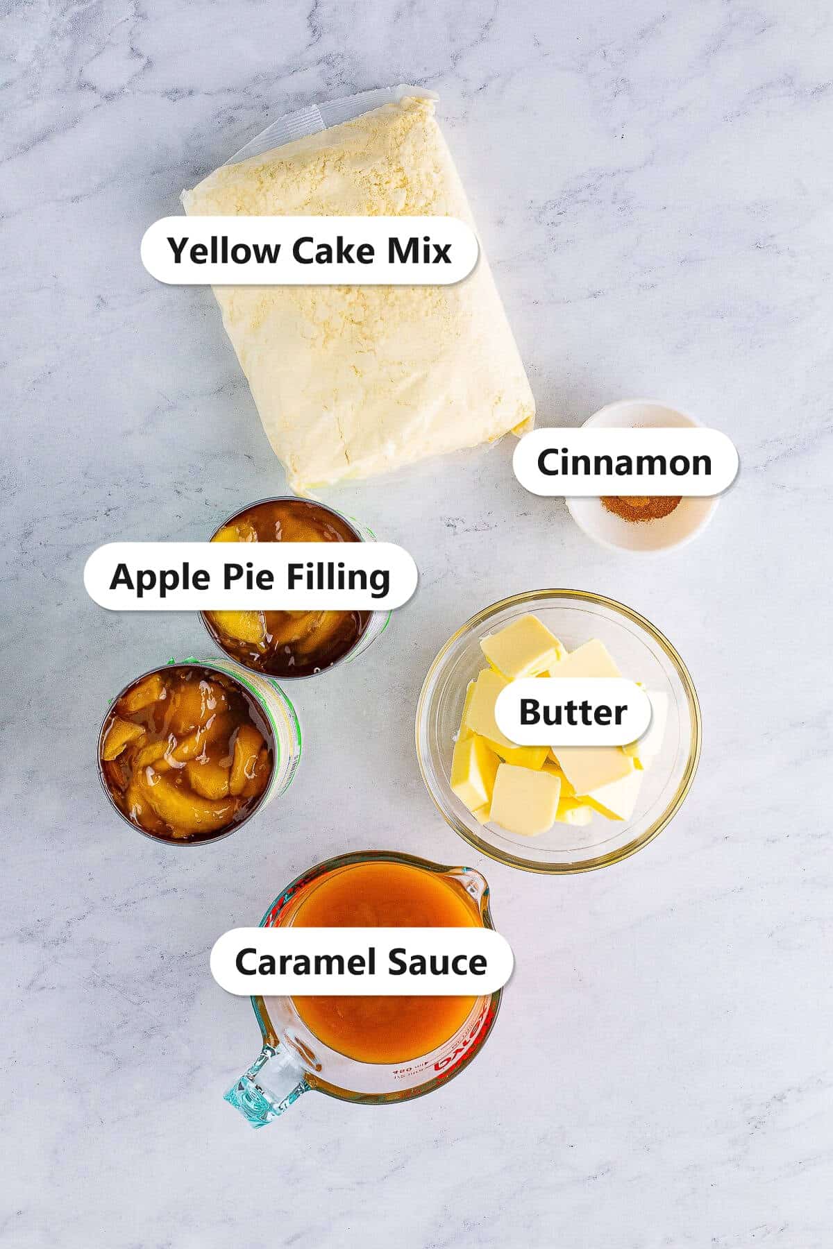 Labeled ingredients to make caramel apple dump cake including apple pie filling, caramel sauce, yellow cake mix, cinnamon, and butter.