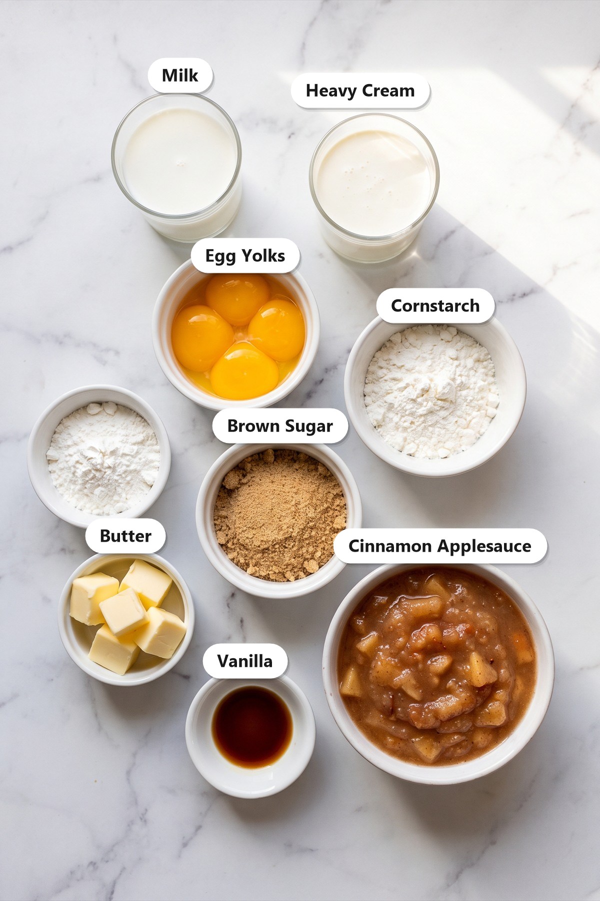 Labeled ingredients needed to make Caramel Apple Pudding.