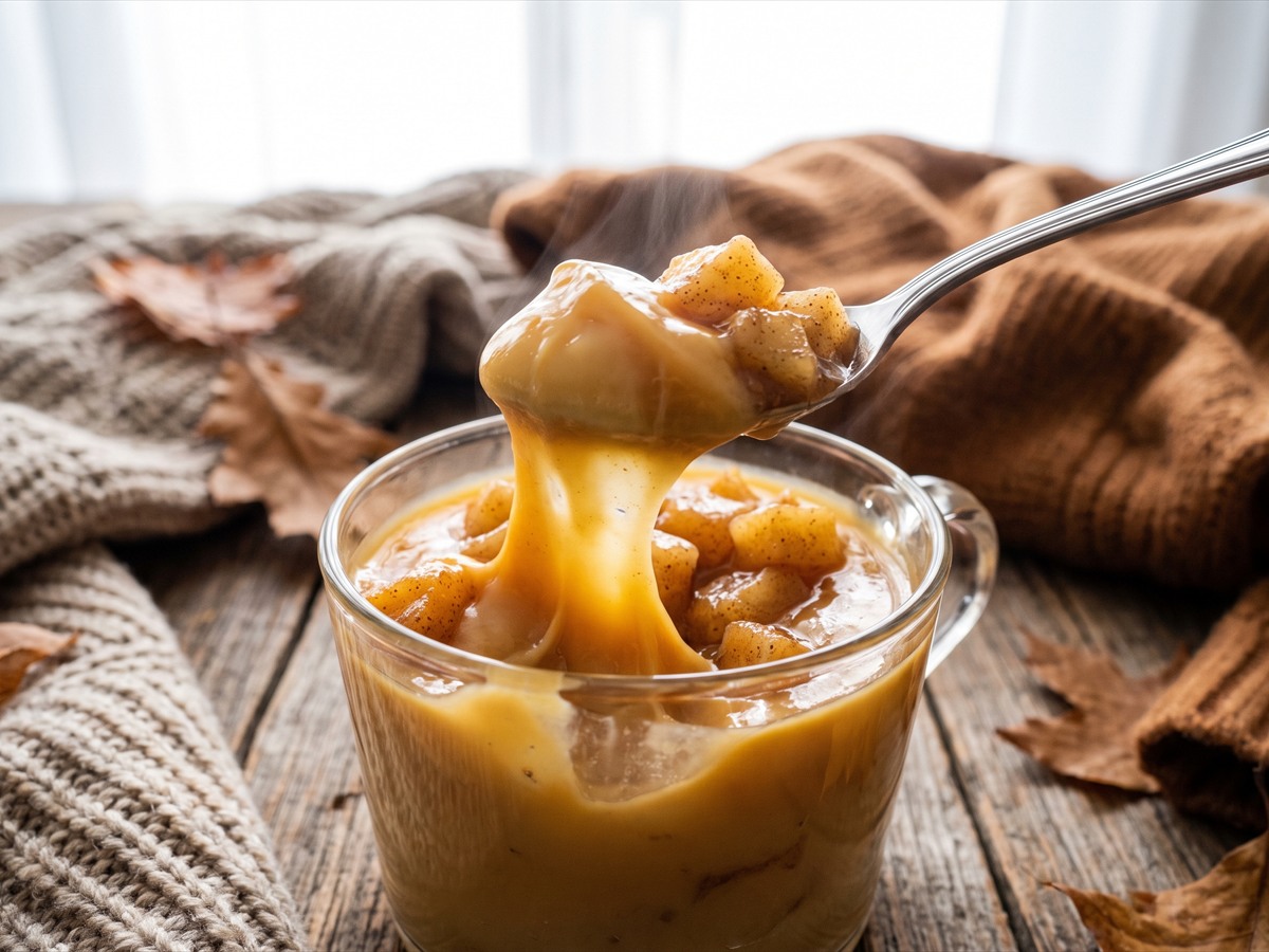 A spoonful of Caramel Apple Pudding with cinnamon apples.