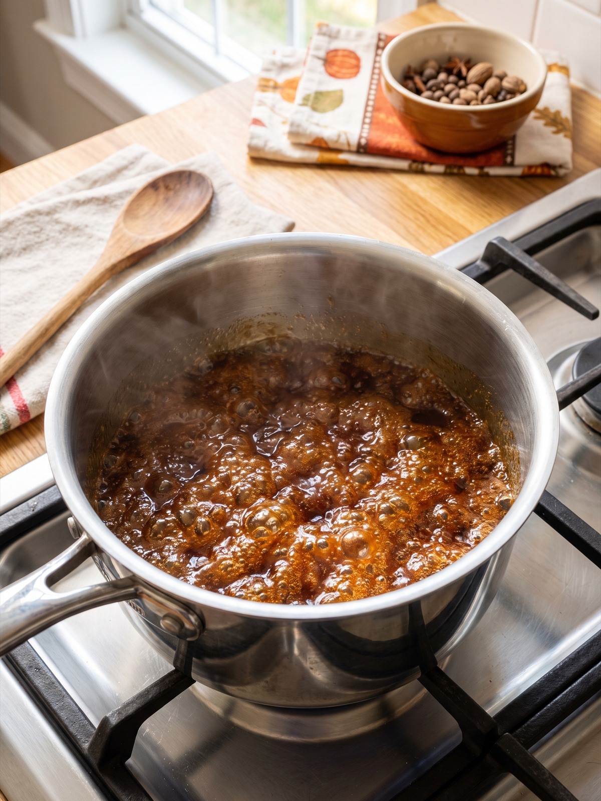 Brown sugar cooking into a bubbling caramel in a saucepan.