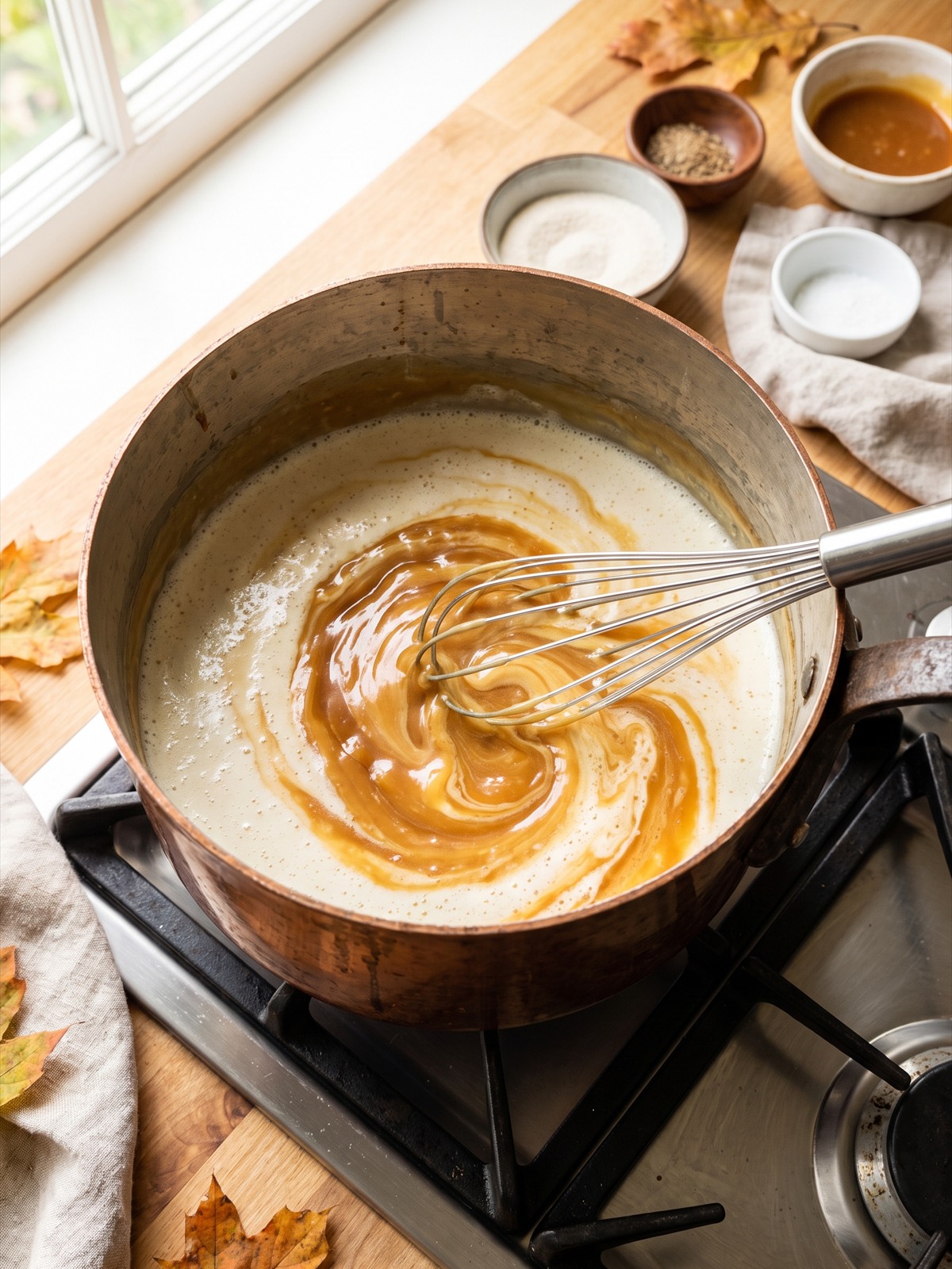 Cream mixture whisked into the caramel to make the pudding base.