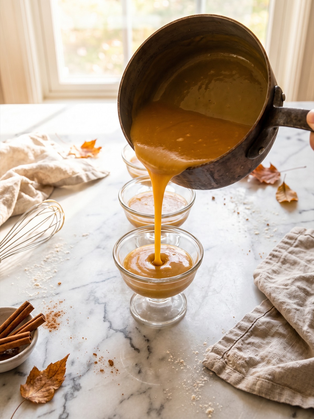 Caramel pudding poured into small glass serving cups.