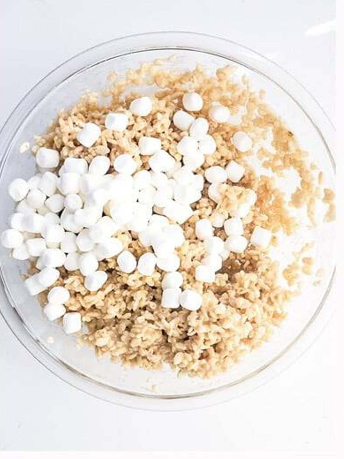 Mini marshmallows folded into the warm rice krispie cereal mixture.