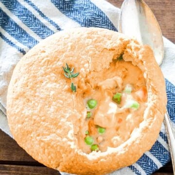 Chedz cheesy chicken pot pie with a cheddar-orange crust and creamy filling.
