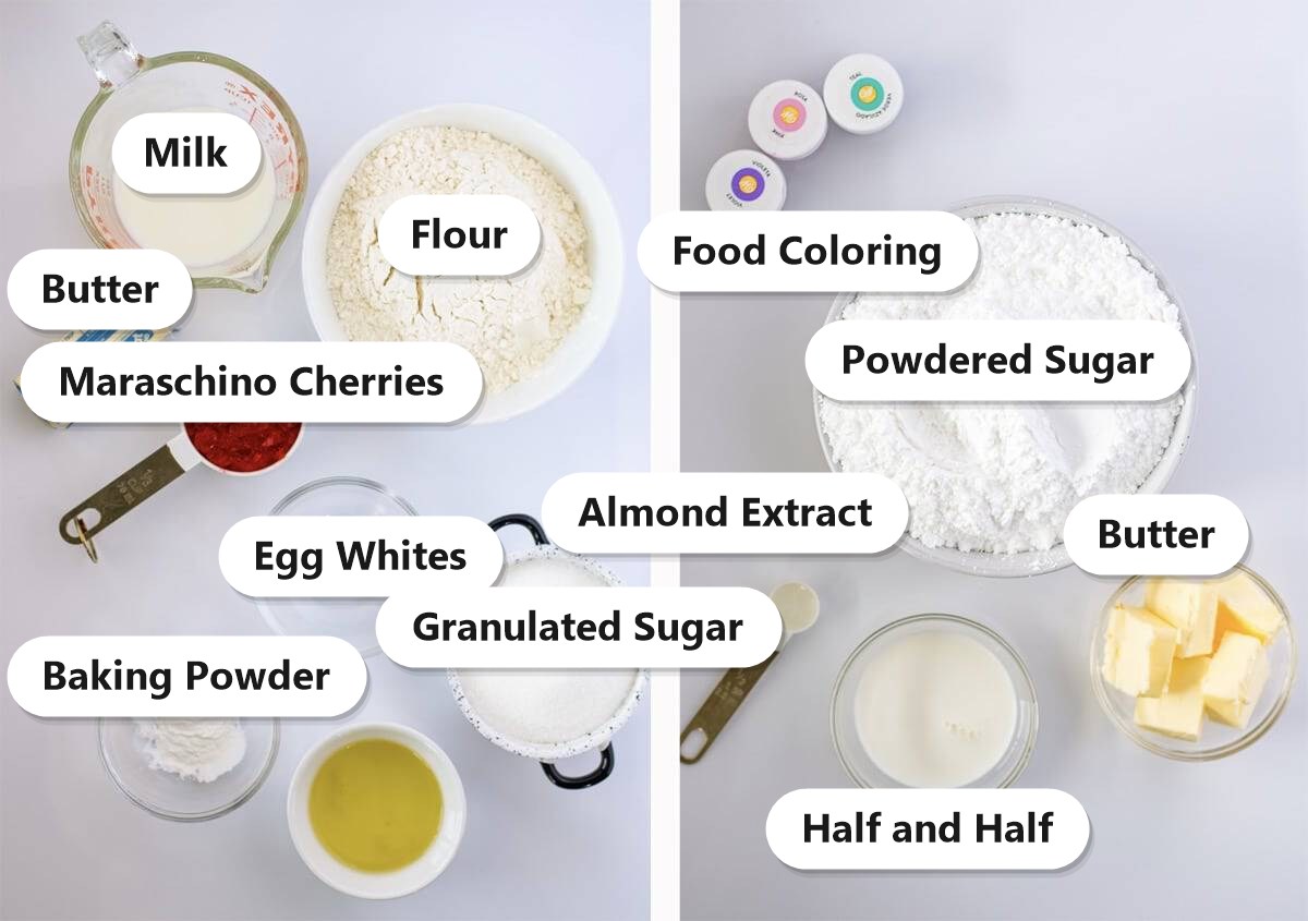 Labeled ingredients for cherry cupcakes including flour, butter, granulated sugar, egg whites, milk, baking powder, maraschino cherries, almond extract, powdered sugar, half and half, and food coloring.