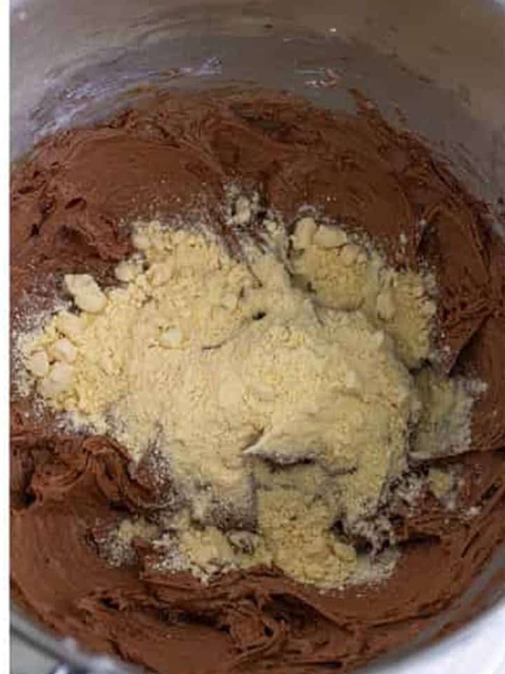 Malted milk powder added on top of the chocolate buttercream in the mixer bowl.