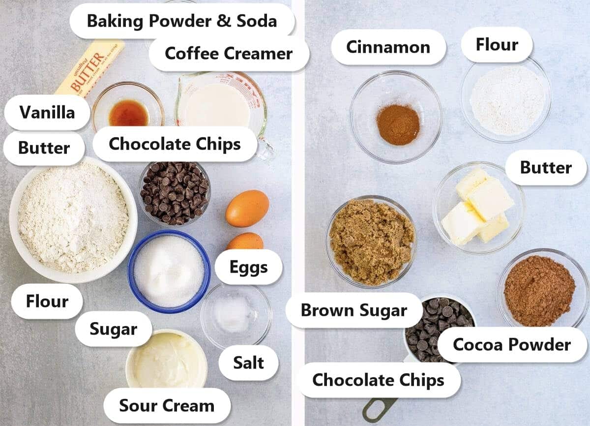 Labeled ingredients to make Chocolate Chip Coffee Cake, butter, sugar, eggs, sour cream, coffee creamer, flour, chocolate chips, cocoa powder, and cinnamon.