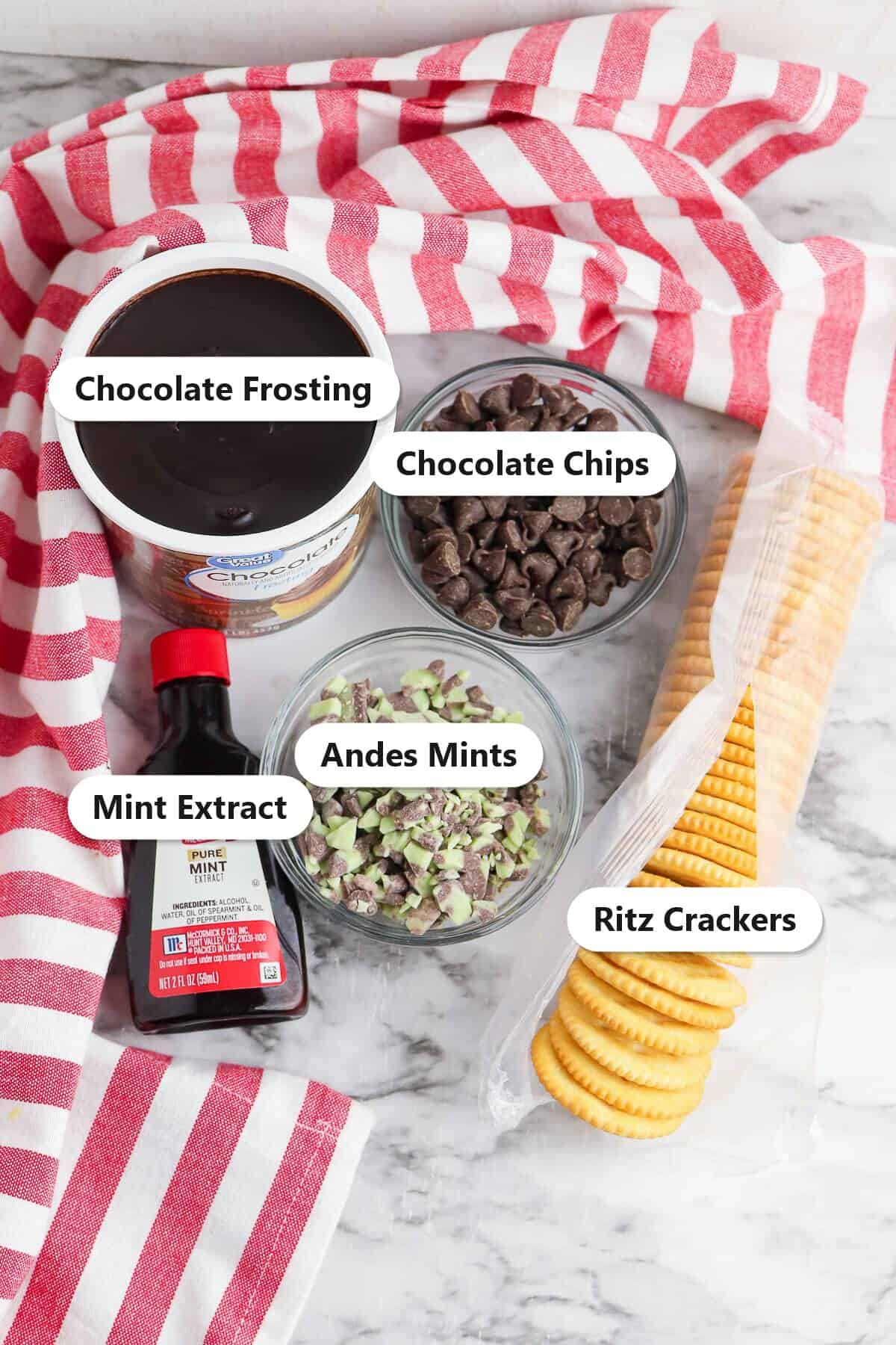 Labeled ingredients for chocolate covered Ritz crackers including chocolate frosting, chocolate chips, mint extract, Andes mints, and Ritz crackers.