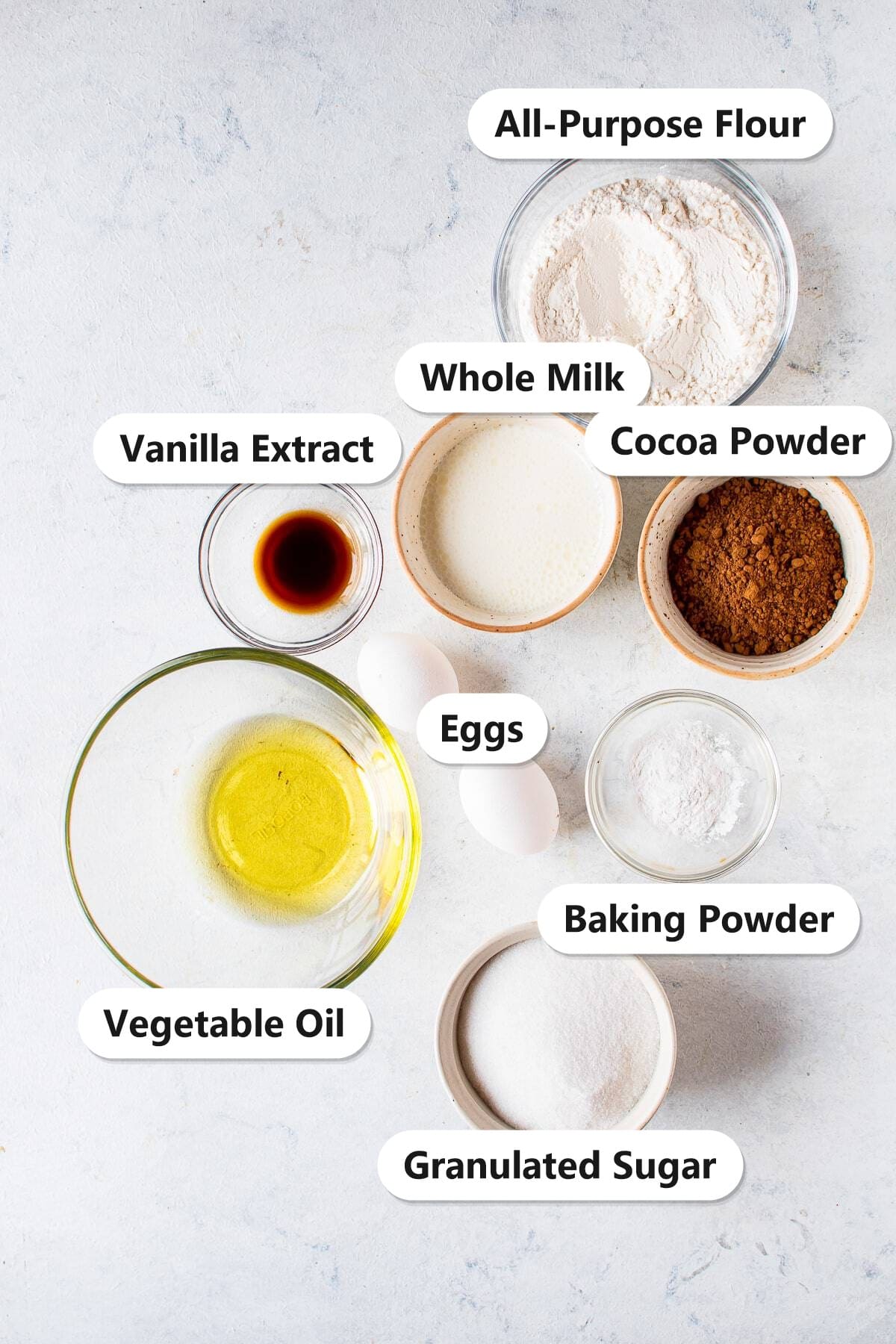 Labeled ingredients for chocolate cupcakes including all-purpose flour, cocoa powder, granulated sugar, whole milk, vegetable oil, eggs, vanilla extract, and baking powder.