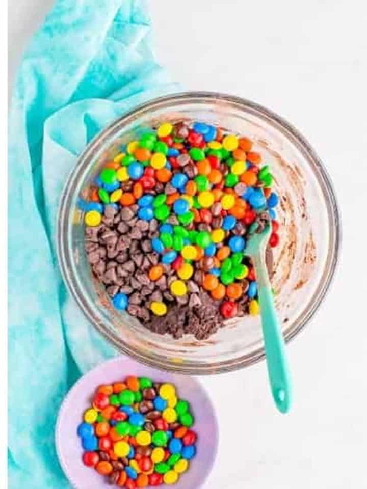 M&Ms and chocolate chips folded into the chocolate cookie dough.