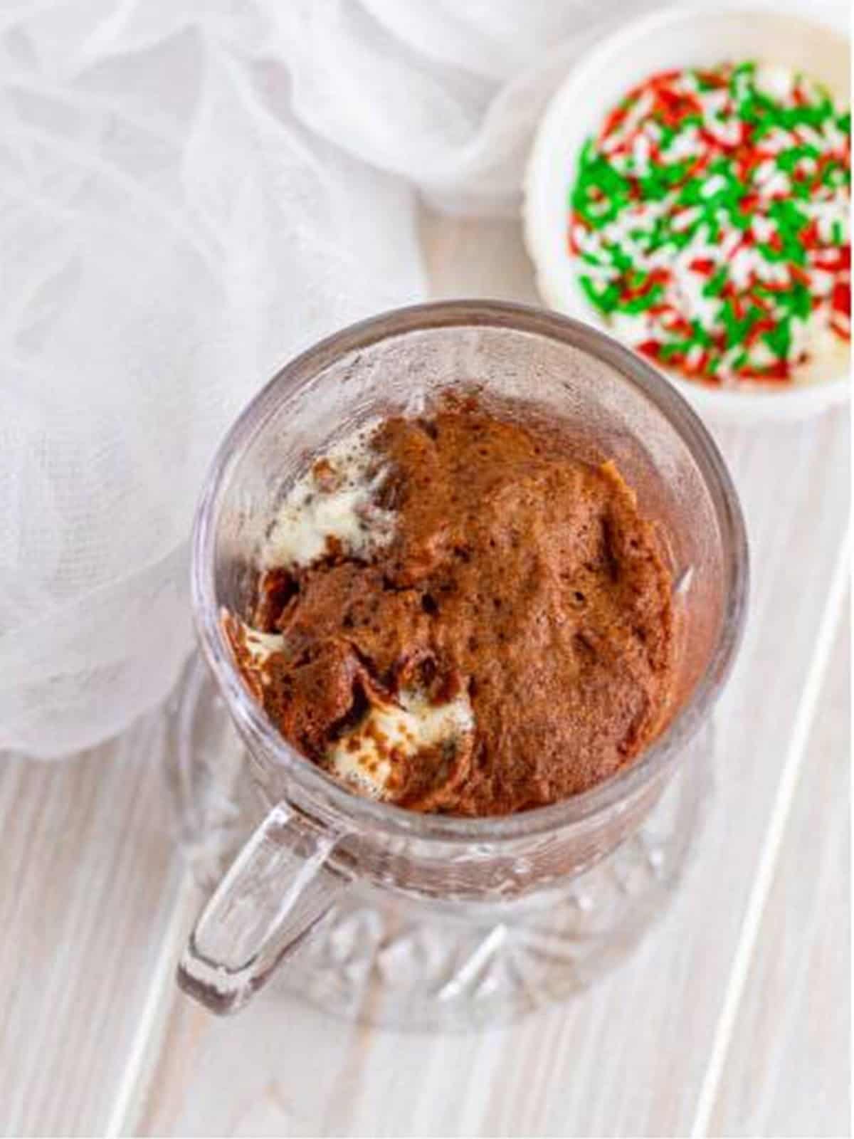 The Chocolate Mug Cake after microwaving until cooked through.