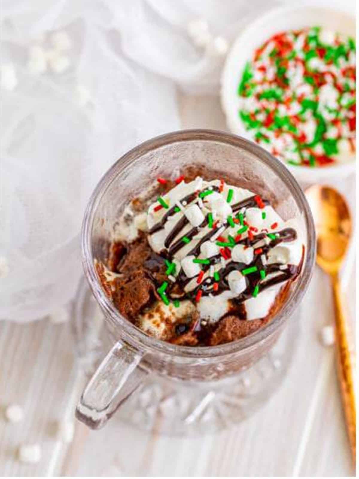 The finished Chocolate Mug Cake topped with whipped cream, chocolate sauce, and sprinkles.