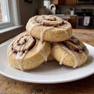 A stack of cinnamon roll cookies with a cinnamon swirl inside drizzled with white vanilla glaze.