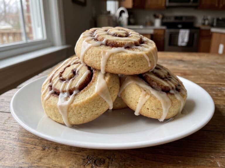 A stack of cinnamon roll cookies with a cinnamon swirl inside drizzled with white vanilla glaze.