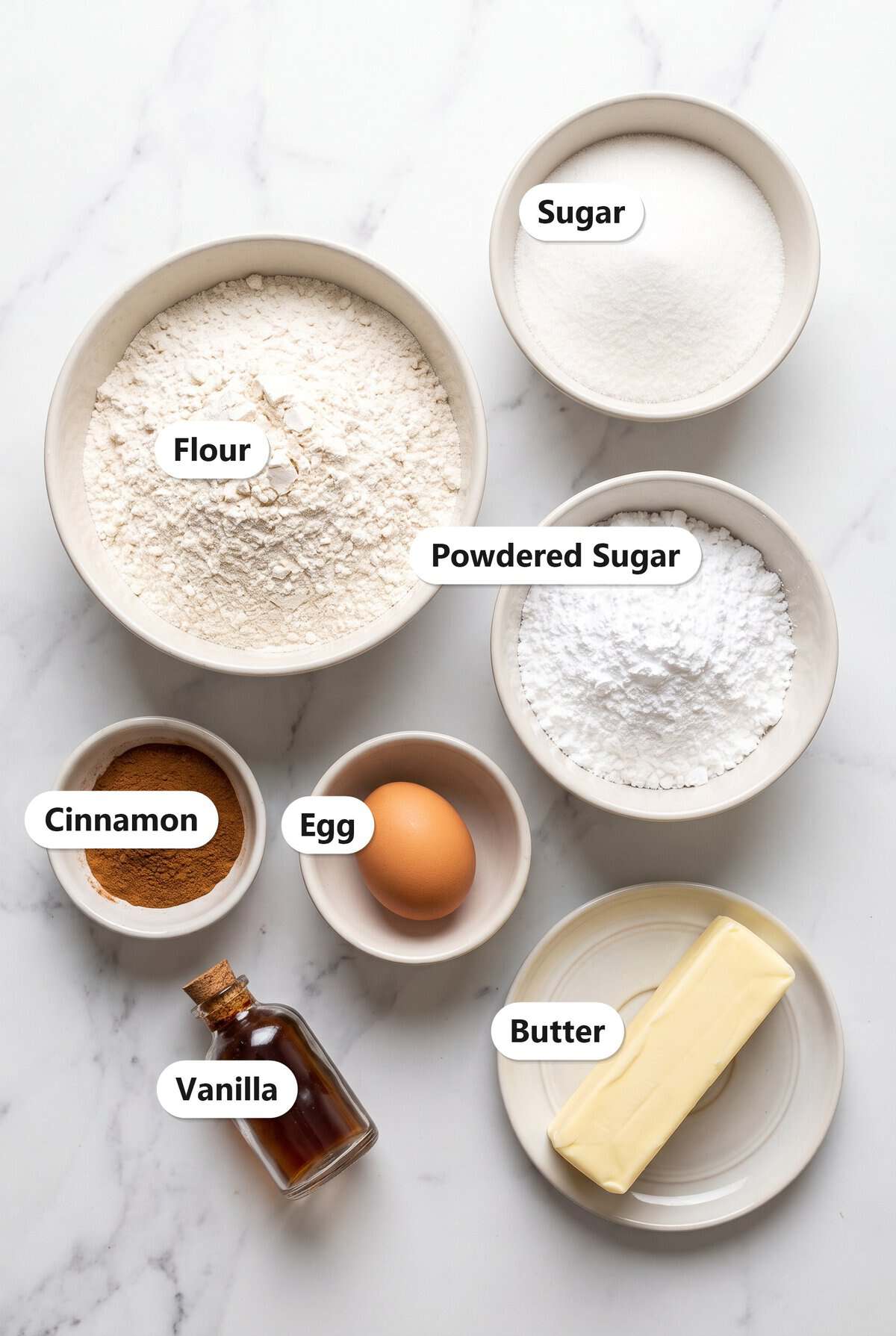 Labeled ingredients to make cinnamon roll cookies including flour, sugar, powdered sugar, cinnamon, egg, vanilla, and butter.
