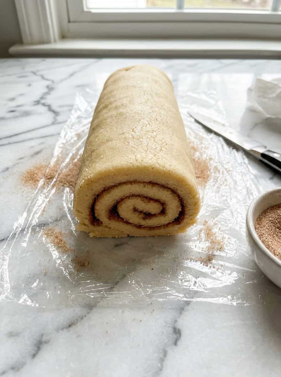 Sugar cookie dough rolled into a log showing a cinnamon sugar spiral at the cut end.