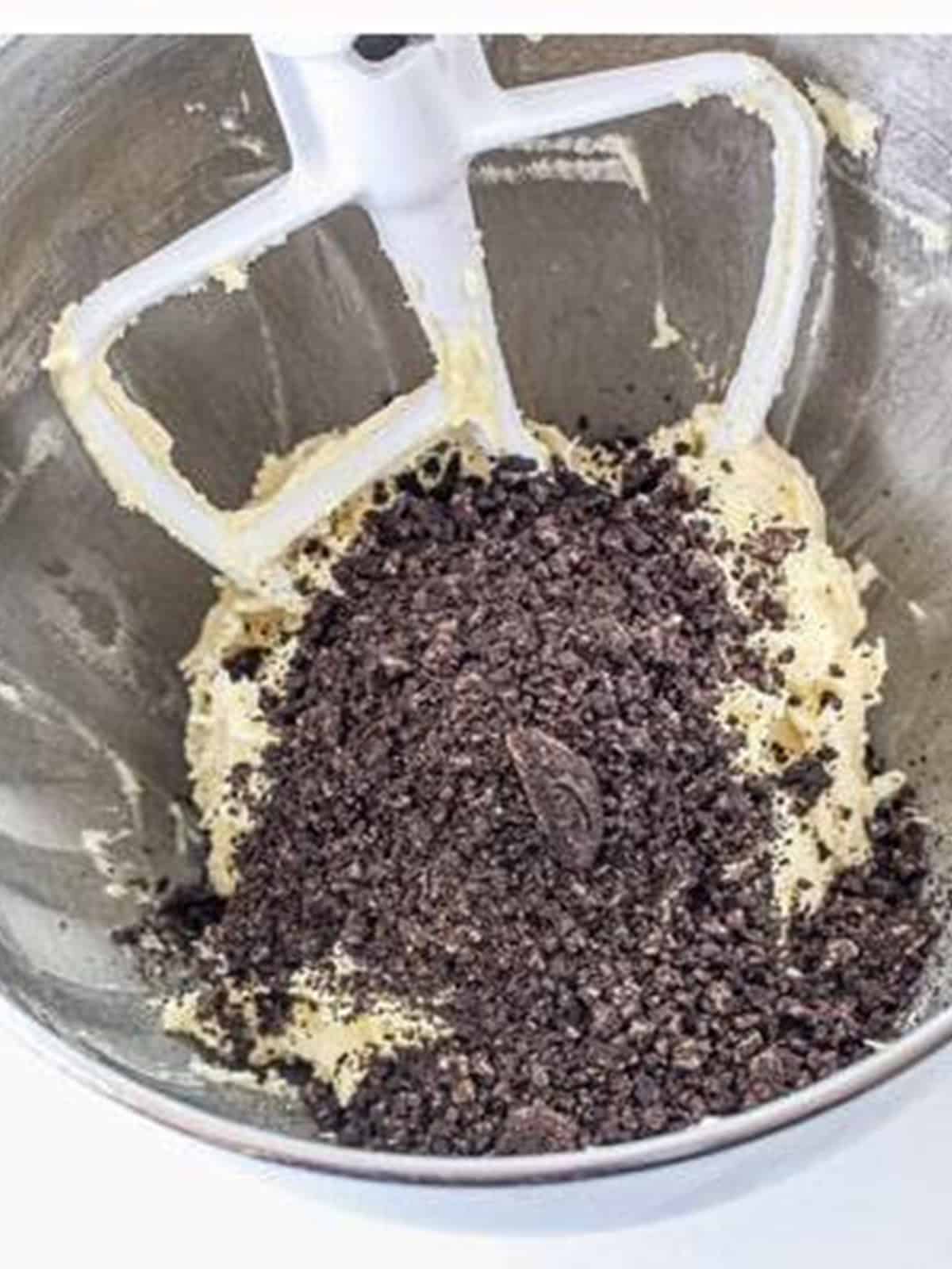 Crushed Oreo cookie crumbs stirred into the blossom cookie dough.