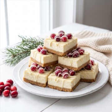 A stack of white chocolate Cranberry Cheesecake Bars topped with sugared cranberries.