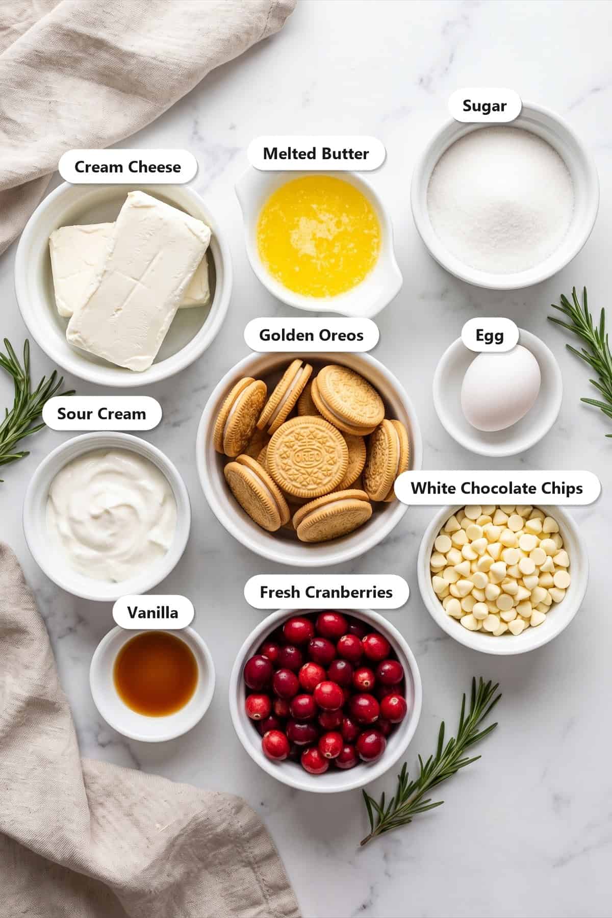 Labeled ingredients needed to make Cranberry Cheesecake Bars.
