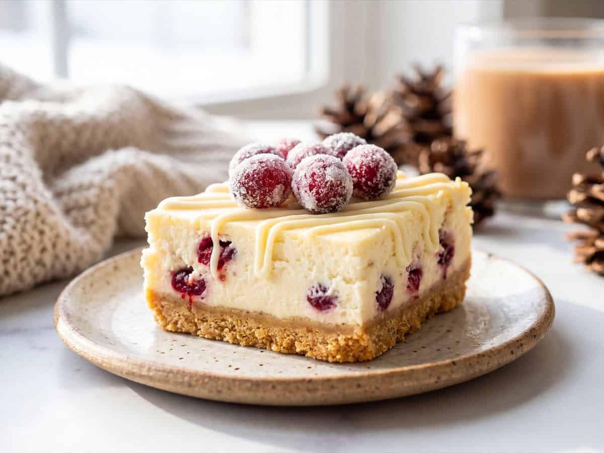 A white chocolate Cranberry Cheesecake Bar showing the golden crust and cranberry topping.
