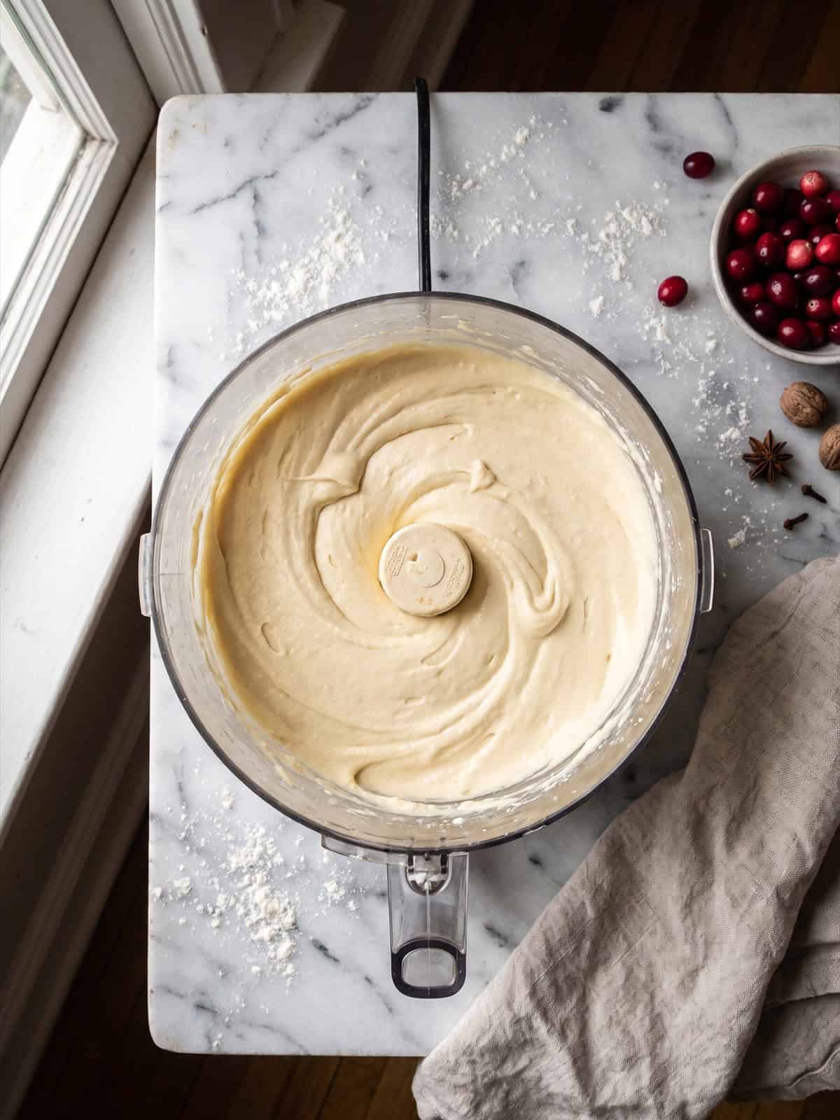 Cheesecake filling blended smooth in a food processor.