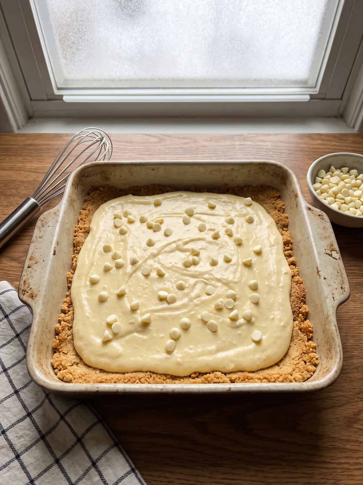 Cheesecake filling poured over the crust with white chocolate chips.