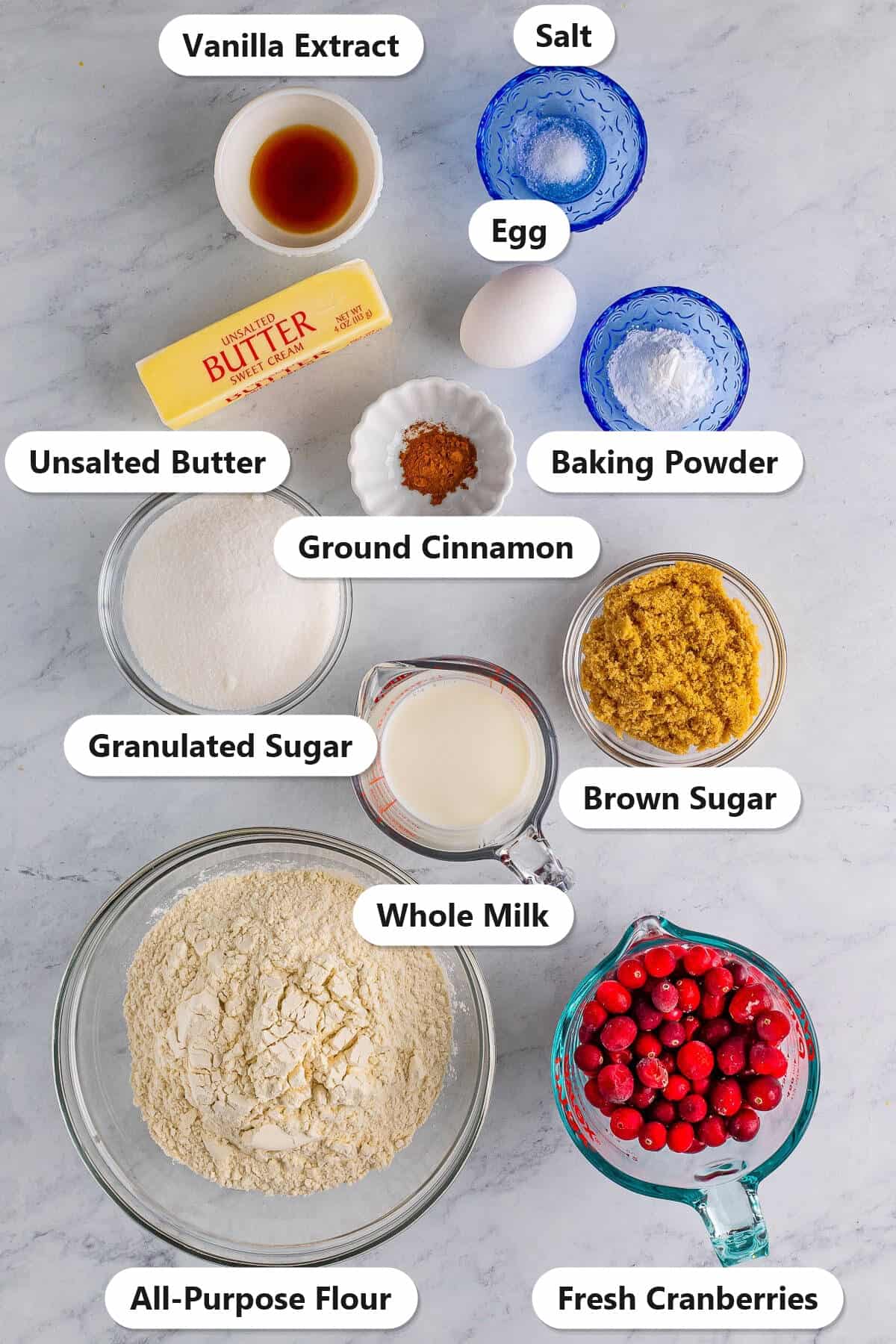 Labeled ingredients needed to make Cranberry Coffee Cake.