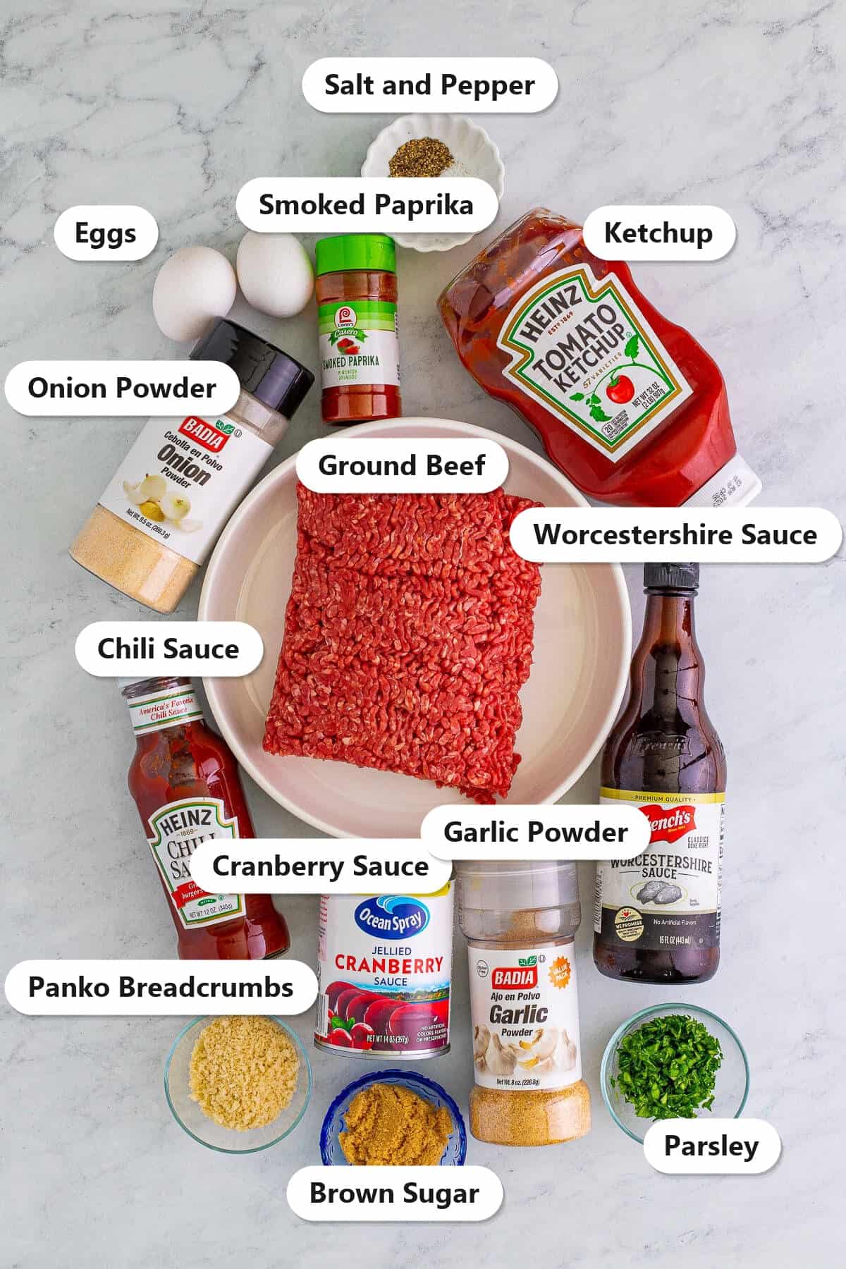 Labeled ingredients for Cranberry Meatballs including ground beef, jellied cranberry sauce, chili sauce, panko breadcrumbs, and seasonings.