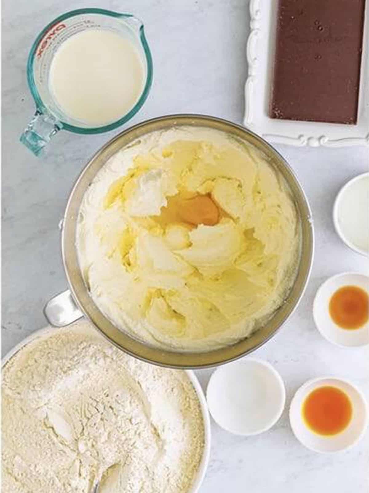 Butter and sugar creamed with eggs added for the Crumbl Chocolate Cupcake Cookies dough.