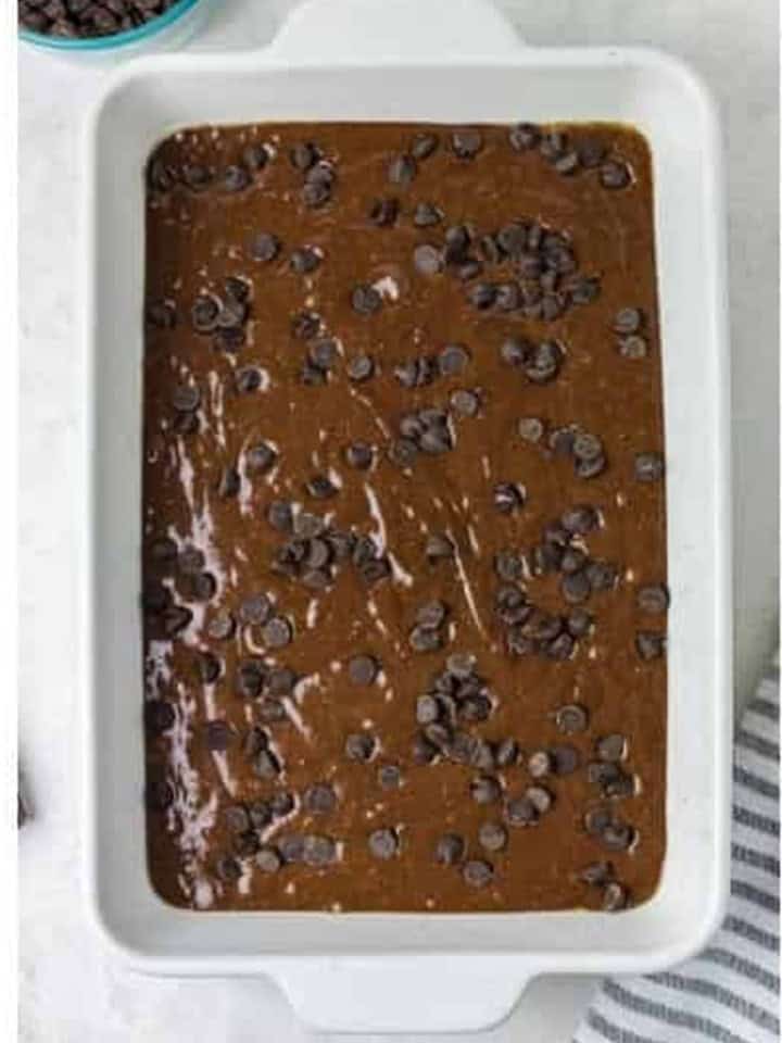 Chocolate cake batter poured into a white 9x13 baking dish and sprinkled with chocolate chips.
