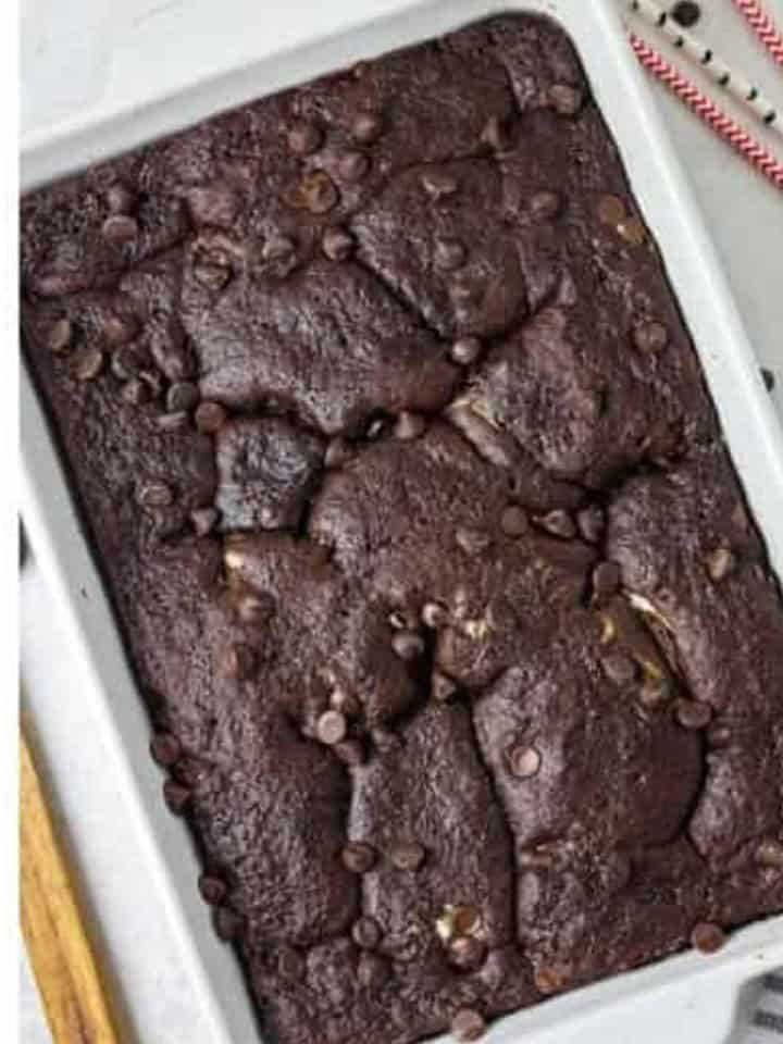 Baked earthquake cake with gooey cream cheese pockets and cracked chocolate top.