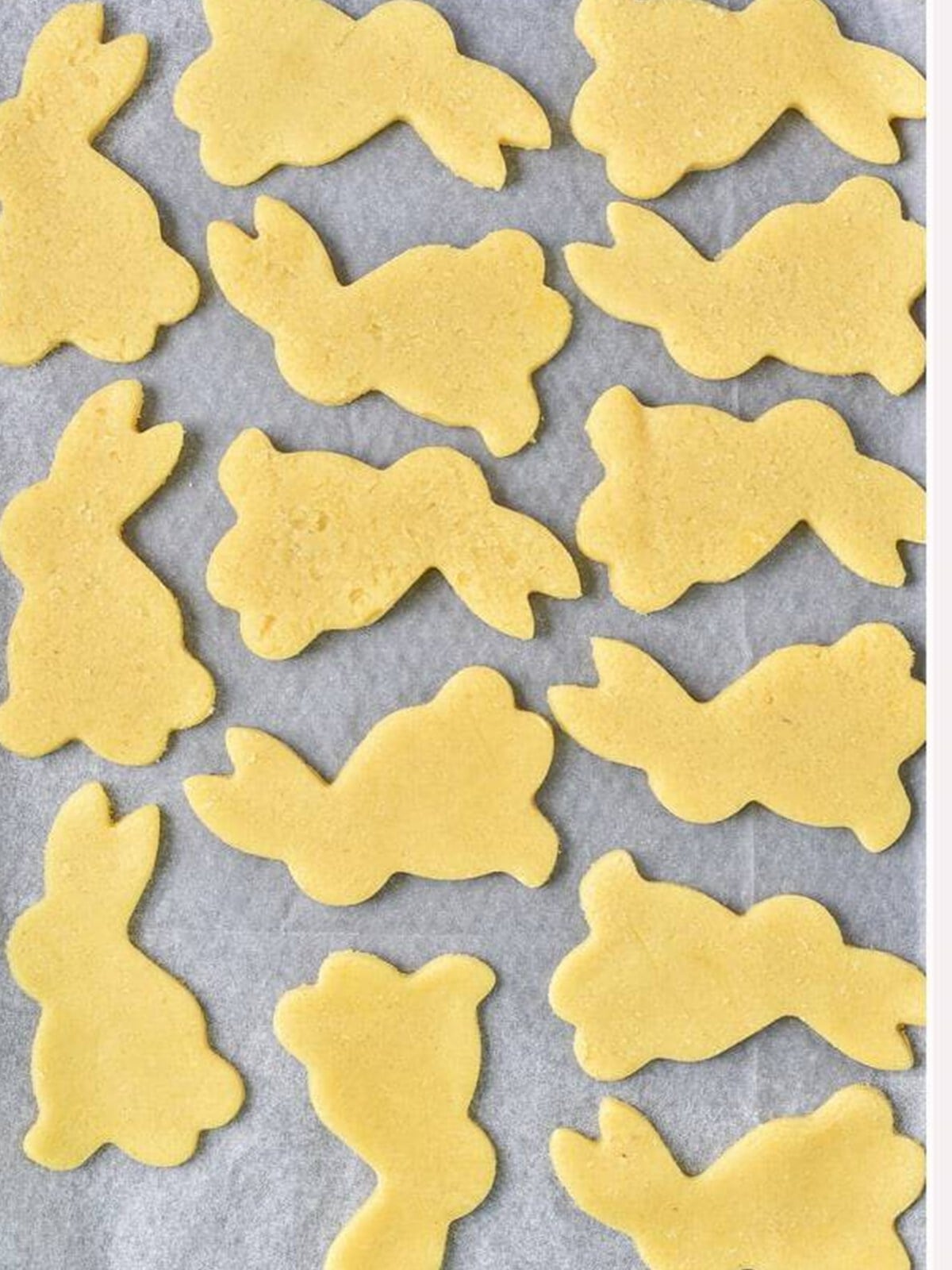 Bunny cookie cutouts arranged on a parchment lined baking sheet.
