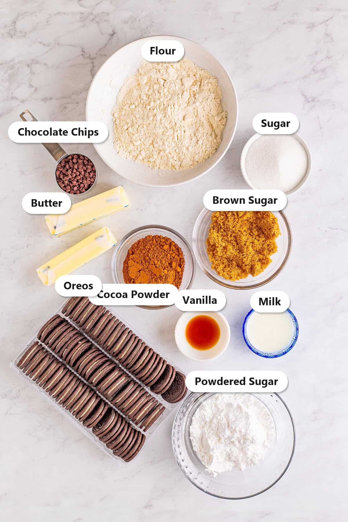 Labeled ingredients for edible chocolate cookie dough with Oreos including flour, cocoa powder, butter, brown sugar, chocolate chips, and Oreos.