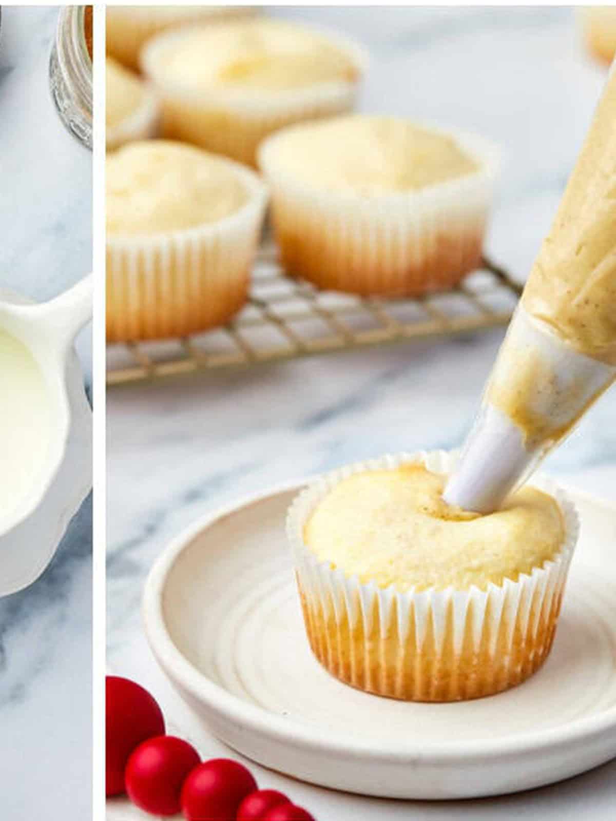 Eggnog pudding being piped into the center of a cupcake before topping with whipped cream.