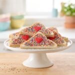 Triangles of Fairy Bread covered in rainbow nonpareils with red sugar hearts on a cake stand.