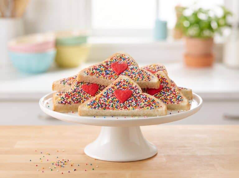 Triangles of Fairy Bread covered in rainbow nonpareils with red sugar hearts on a cake stand.