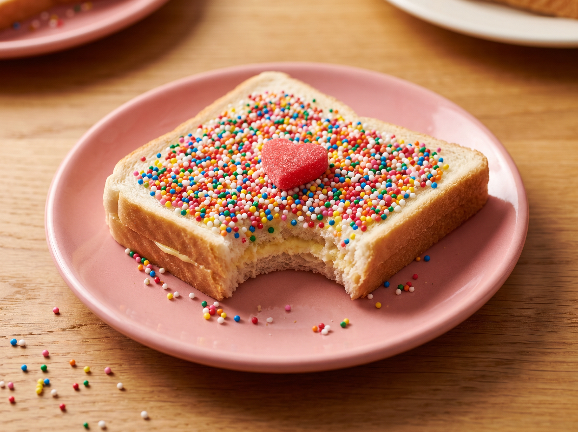 A piece of Fairy Bread with a bite taken out showing the honey butter and sprinkles.