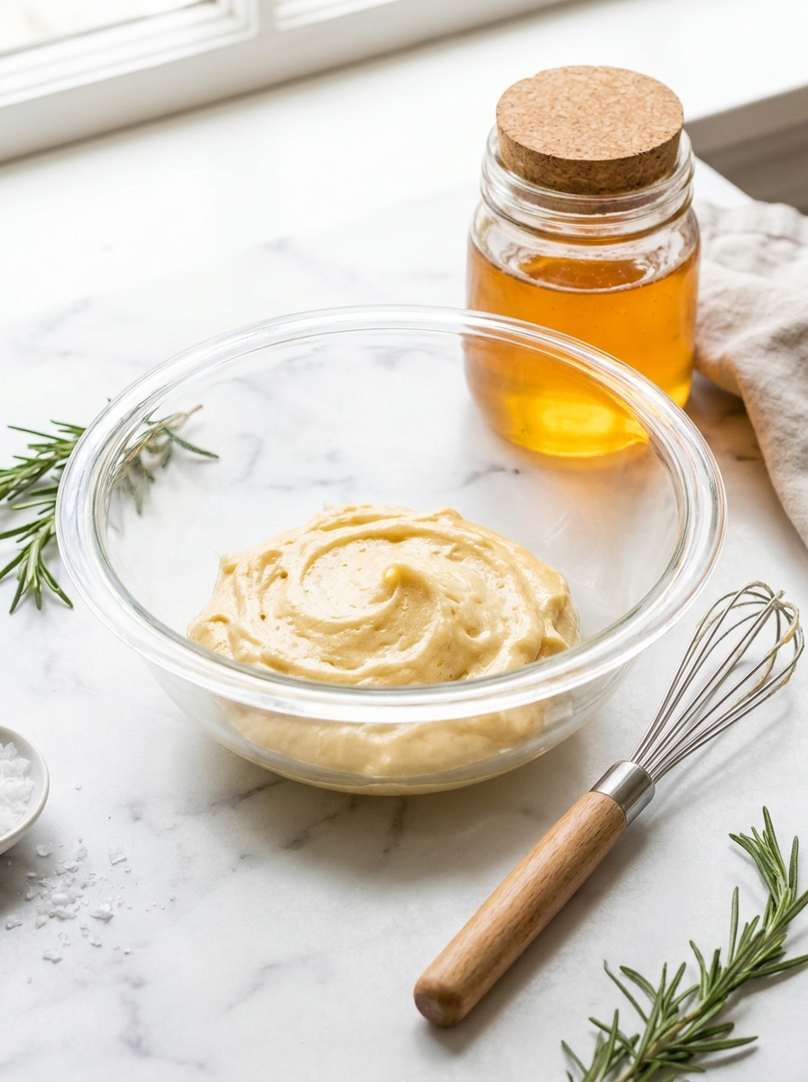 Whipped honey butter in a glass bowl for Fairy Bread.